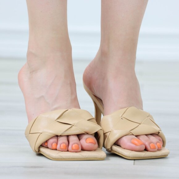 Nude High Heel Sandals Square Open Toe Slip On Mules Stiletto's - Picture 7 of 11